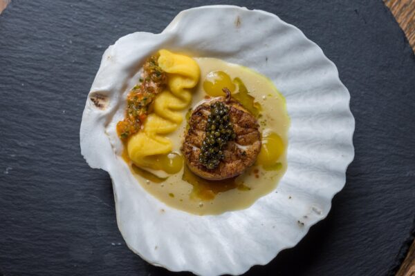 A seared scallop topped with caviar, accompanied by yellow sauce and garnished with herbs, served in a large white shell on a dark surface.