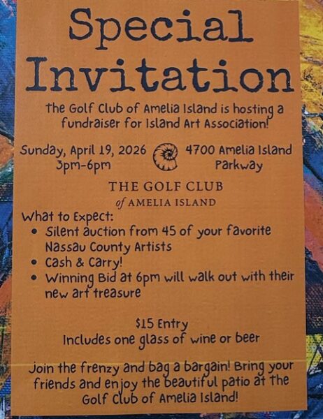 A colorful flyer for a fundraiser at The Golf Club of Amelia Island, featuring event details, date (April 19, 2026), time (3–6pm), entry fee ($15), and activities like a silent auction and art auction.