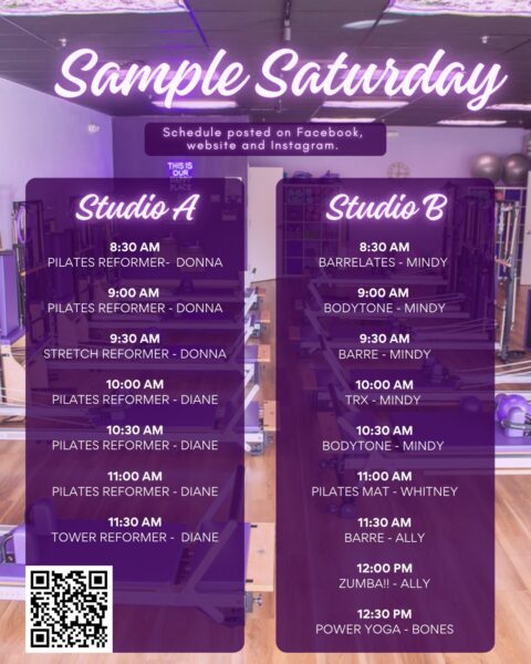A fitness class schedule titled Sample Saturday is shown over a photo of a gym with Pilates reformers. Two columns list classes and instructors for Studio A and Studio B, with times from 8:00 AM to 12:30 PM.