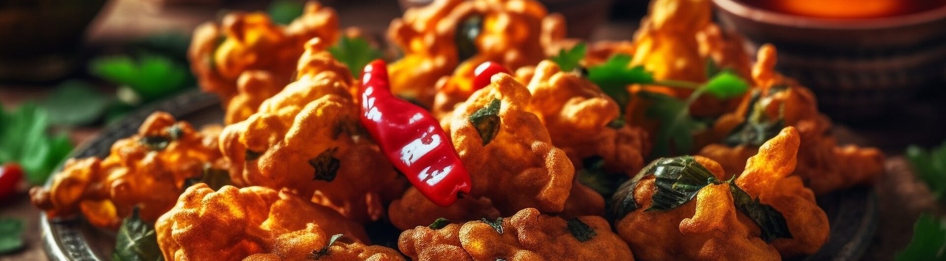 A plate of golden, crispy vegetable pakoras garnished with fresh herbs and whole red chilies, set on a rustic wooden table with ceramic bowls and spices in the background.