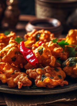 A plate of golden, crispy vegetable pakoras garnished with fresh herbs and whole red chilies, set on a rustic wooden table with ceramic bowls and spices in the background.