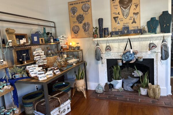 A cozy shop corner displays jewelry, pottery, baskets, and sea-themed decor. Necklaces hang on stands and boards; wall posters feature shells and whale anatomy above a white fireplace filled with plants and nautical items.