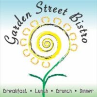 Logo for Garden Street Bistro featuring a yellow swirl flower with green stem, surrounded by the restaurants name. Text at the bottom reads: Breakfast • Lunch • Brunch • Dinner on a gradient background.
