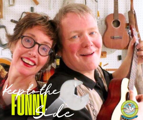 A smiling man and woman pose with a ukulele in front of a wall with hanging tools. Text reads Keep to the FUNNY Side with a wrench graphic and a circular logo in the lower right corner.