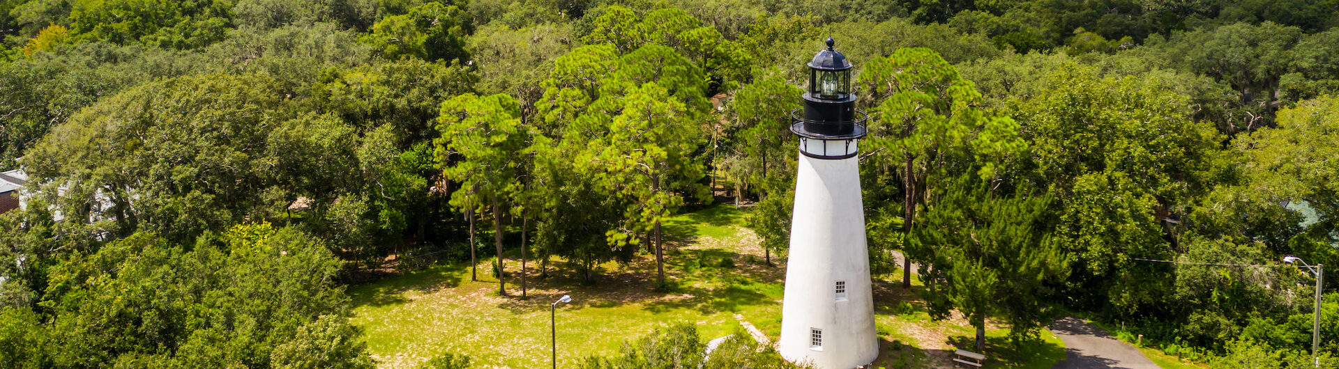 A tall, white lighthouse stands in a clearing surrounded by dense green trees, with a cloudy sky above and a vast forest stretching into the distance.
