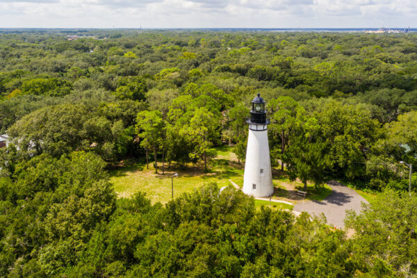 A tall, white lighthouse stands in a clearing surrounded by dense green trees, with a cloudy sky above and a vast forest stretching into the distance.