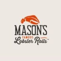 The Masons Famous Lobster Rolls logo features an orange lobster illustration above the words Masons Famous Lobster Rolls in a mix of bold and script fonts on a light background.