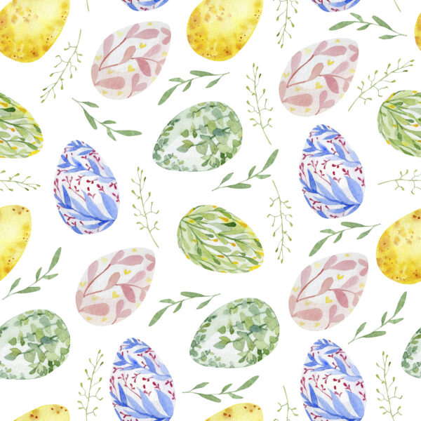 Watercolor hand drawn seamless pattern with bright Easter Eggs, branches and flowers on a white background. Endless texture for wrapping paper, textile fabric, celebration template.