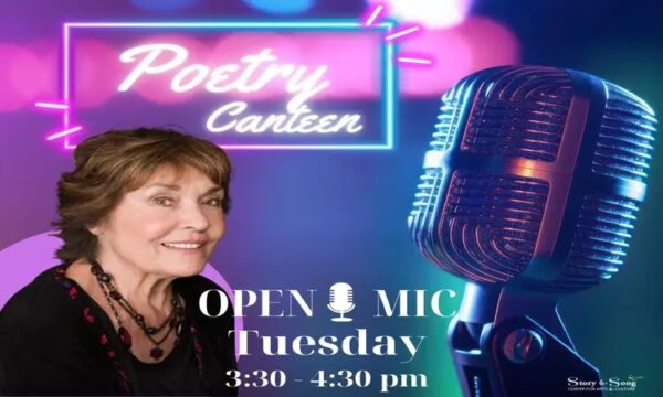 A smiling older woman in front of a retro microphone, with neon signs reading Poetry Canteen and event details: OPEN MIC Tuesday 3:30 - 4:30 pm on a colorful background.