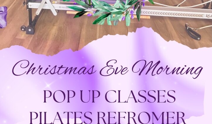 A flyer with a wreath and purple bow announces Christmas Eve morning pop-up Pilates Reformer classes at 9:00 am (Flow 2) and 10:00 am (All Levels), with Pilates equipment visible in the background.