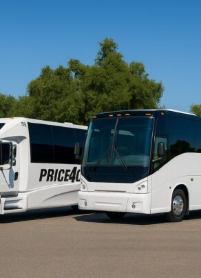 Two white buses with PRICE4LIMO written on the sides are parked on an asphalt surface with green trees and clear blue sky in the background. One bus is a smaller shuttle, the other is a large coach.