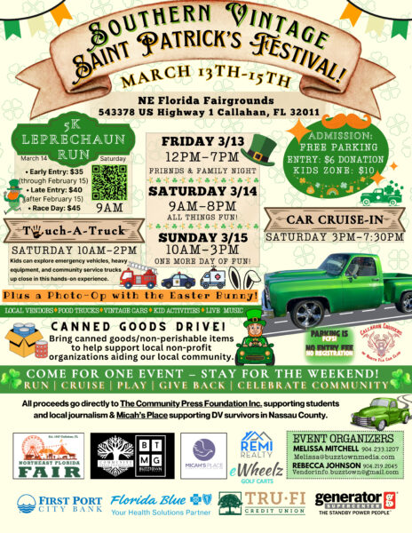 Colorful poster for the Southern Vintage Saint Patrick’s Festival, March 13-15 at NE Florida Fairgrounds. Includes event schedule, car show, food trucks, 5K, canned goods drive, and sponsor logos with green and festive graphics.