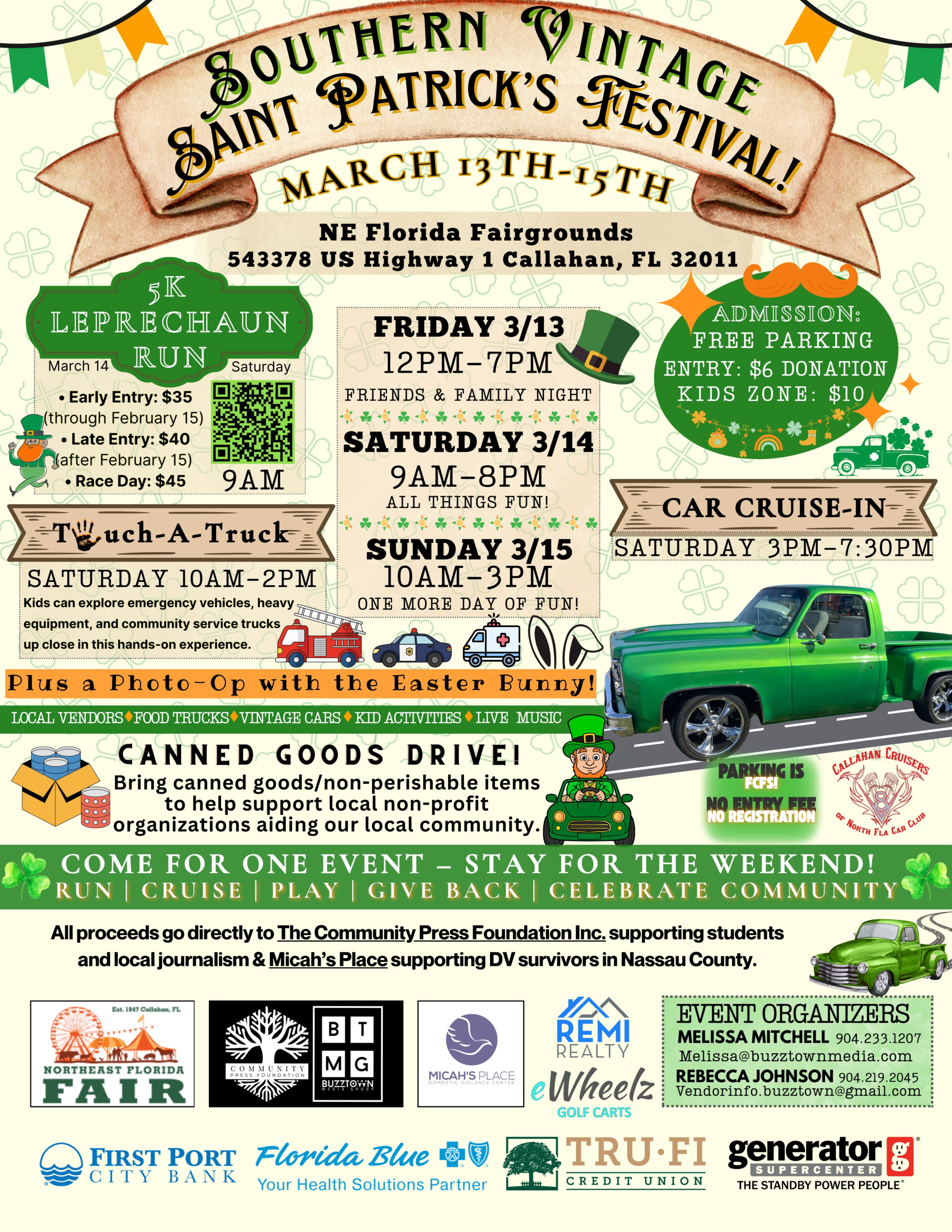 Colorful poster for the Southern Vintage Saint Patrick’s Festival, March 13-15 at NE Florida Fairgrounds. Includes event schedule, car show, food trucks, 5K, canned goods drive, and sponsor logos with green and festive graphics.