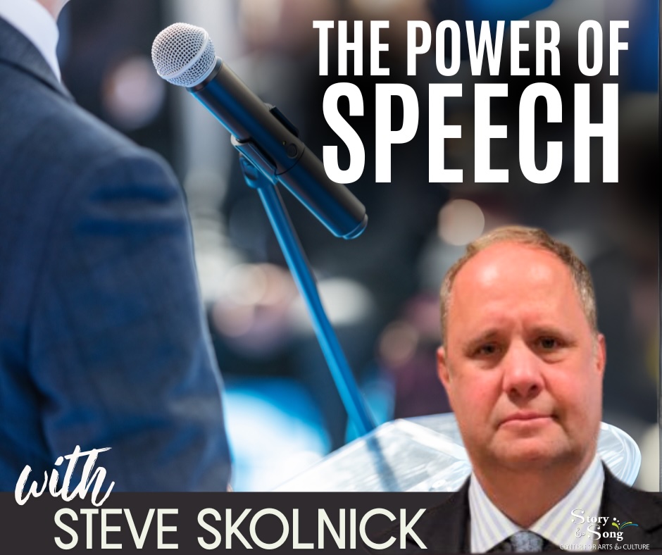 A close-up of a microphone on a stand with the text The Power of Speech with Steve Skolnick. A man in a suit appears in the bottom right corner. The background is blurred, showing an indoor event setting.