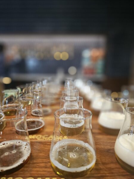 Rows of small glass cups filled with different types of beer on a wooden tray, arranged in a tasting flight. The background is blurred, emphasizing the variety of beers in the foreground.