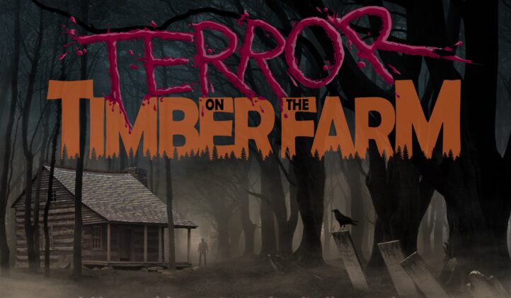 A spooky forest scene with a log cabin, a shadowy figure, and a crow on a mailbox. Text reads: “Terror on the Timber Farm: A Haunted Attraction at Amelia Shotgun Sports.”.
