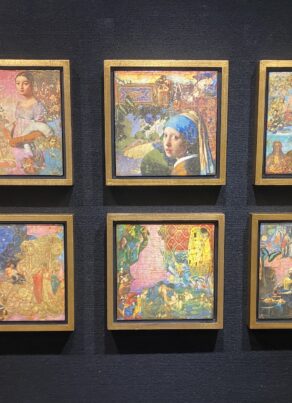 Six framed, colorful art pieces are displayed in two rows on a dark wall. Each artwork appears to blend famous paintings and diverse styles, featuring recognizable portraits and scenes with vibrant, detailed elements.
