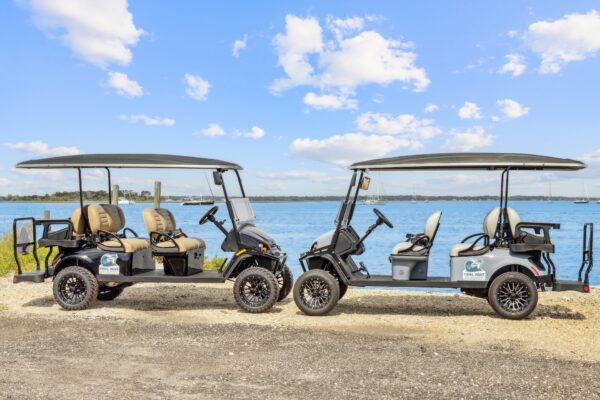 Two black golf carts with beige seats are parked on a gravel area by the water, with a blue sky, scattered clouds, and distant shoreline in the background.