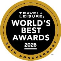 A circular badge with a gold border and black center that reads Travel + Leisure Worlds Best Awards 2025, 30th Anniversary.