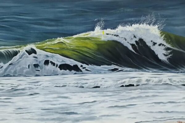 A large ocean wave crashes under a dark, cloudy sky, with white foam and splashes. The water has shades of blue and green, and the scene evokes the power and movement of the sea.