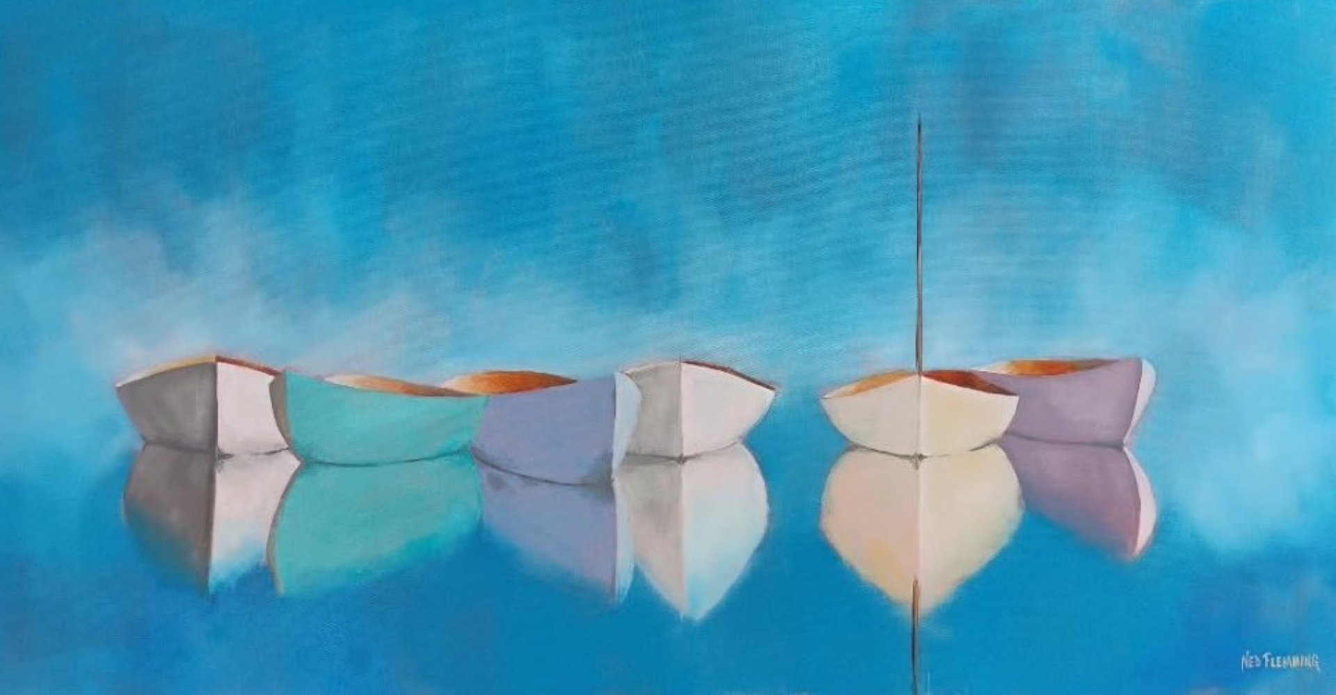 Five pastel-colored rowboats float close together on calm, reflective blue water under a clear sky, their reflections visible below them, creating a serene and peaceful scene.