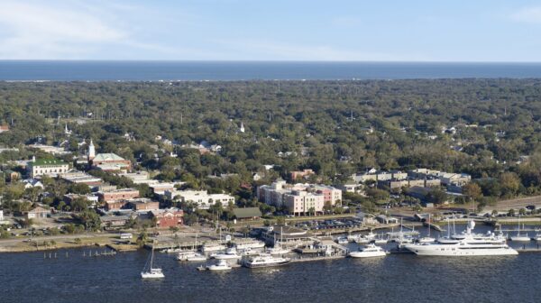 drone shot of harbor