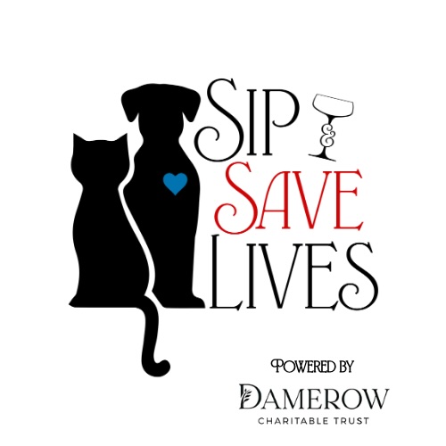 Silhouettes of a cat and dog, with a blue heart on the dog, next to the words “Sip Save Lives.” “Powered by Damerow Charitable Trust” is below, and a wine glass replaces the letter “I” in “SIP.”.
